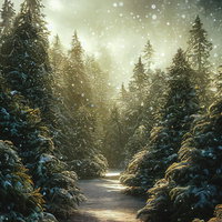 舞い散る雪に光が反射するモミの木の樹海の森の写真