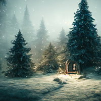 モミの木に囲まれた秘密の小屋（雪の森）の写真