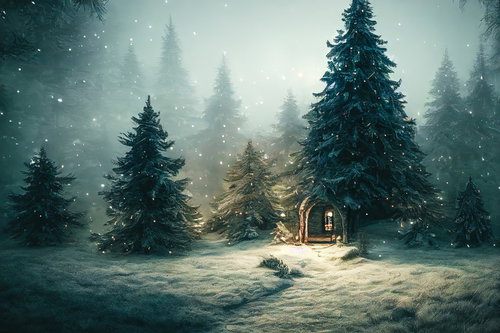 雪に包まれたモミの木の森に佇む小屋