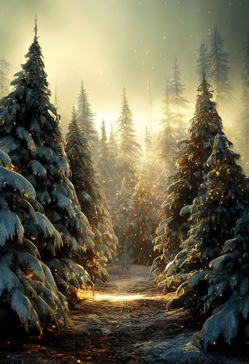 夕焼け空に染まる雪のモミの木郡立ち並ぶ冬の針葉樹林