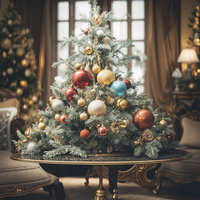 卓上に飾るクリスマスツリーとカラフルなオーナメントの写真