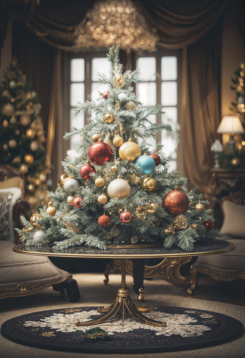 卓上に飾るクリスマスツリーとカラフルなオーナメント