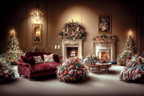 クリスマスに飾られた豪華な洋館のリビング