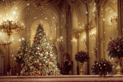 装花で飾られた豪華なクリスマスツリー結婚式場のシャンデリア演出