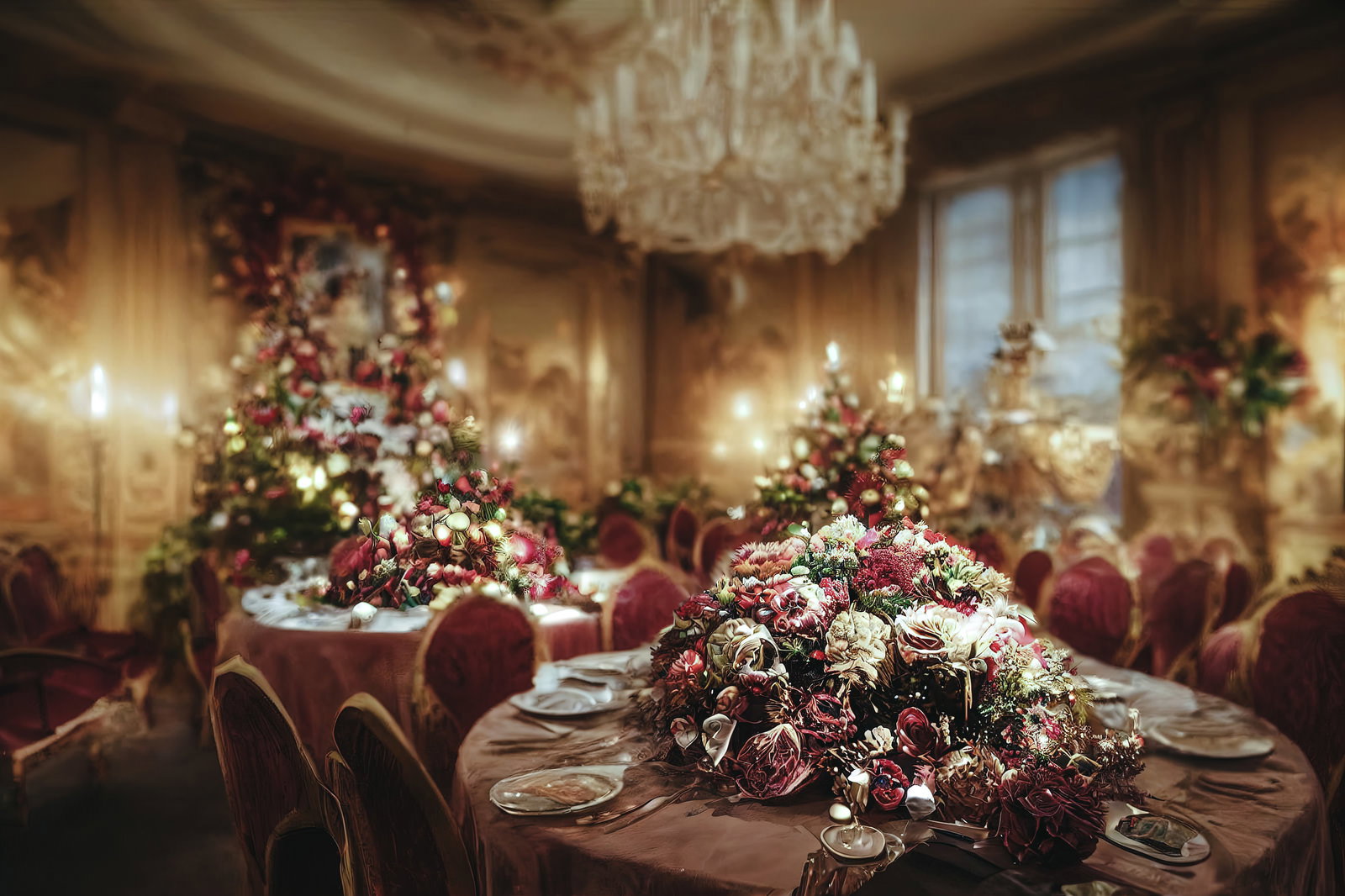 クリスタルシャンデリアが輝く会場でテーブルに赤い薔薇の装花が飾られている