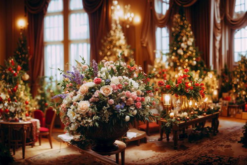 式場のクリスマスディスプレイ　フラワーアレンジメントとツリーで彩る