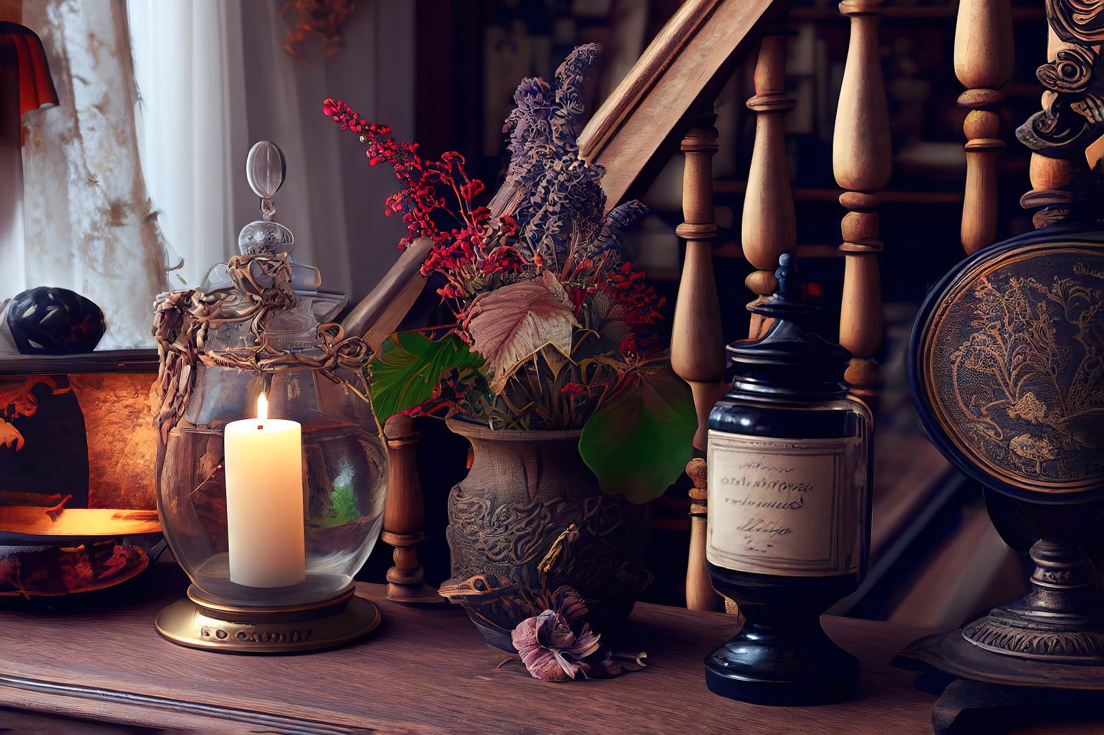 アンティーク雑貨を飾った棚に灯るロウソクと赤いドライフラワー