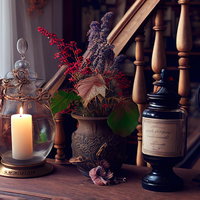 棚上に置かれた赤い花と古びた小瓶、灯るロウソクの写真