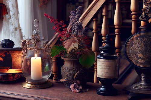 棚上に置かれた赤い花と古びた小瓶、灯るロウソク