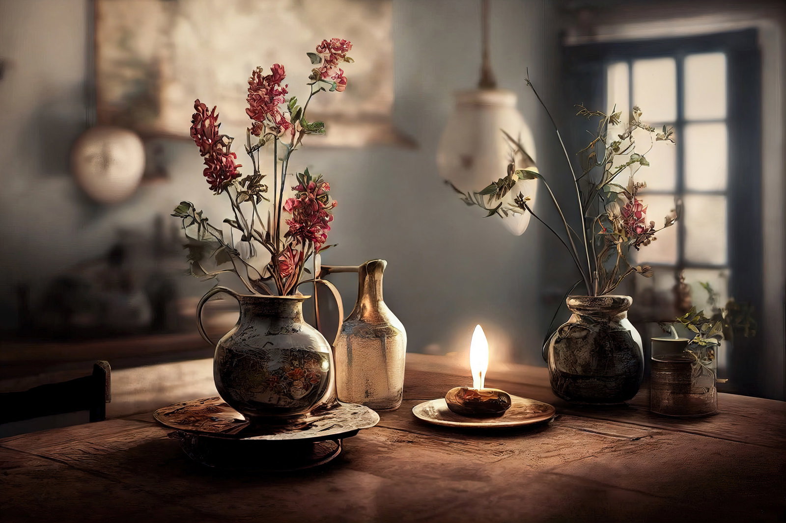 テーブルに配置されたキャンドルと花瓶のアンティーク調インテリア
