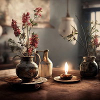 テーブルに彩りを添えるキャンドルと花瓶の優雅な配置の写真