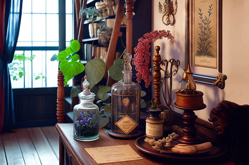 窓辺のレトログラス瓶と木製インテリア小物