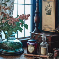 アンティーク調のレトロな小瓶が並ぶヴィンテージデスクの写真