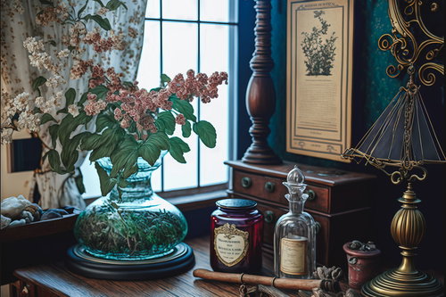 アンティーク調のレトロな小瓶が並ぶヴィンテージデスク