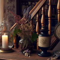 階段脇の棚上に飾られたレトロなヴィンテージ造花と小物の写真