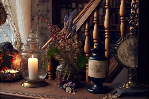 階段脇の棚上に飾られたレトロなヴィンテージ造花と小物