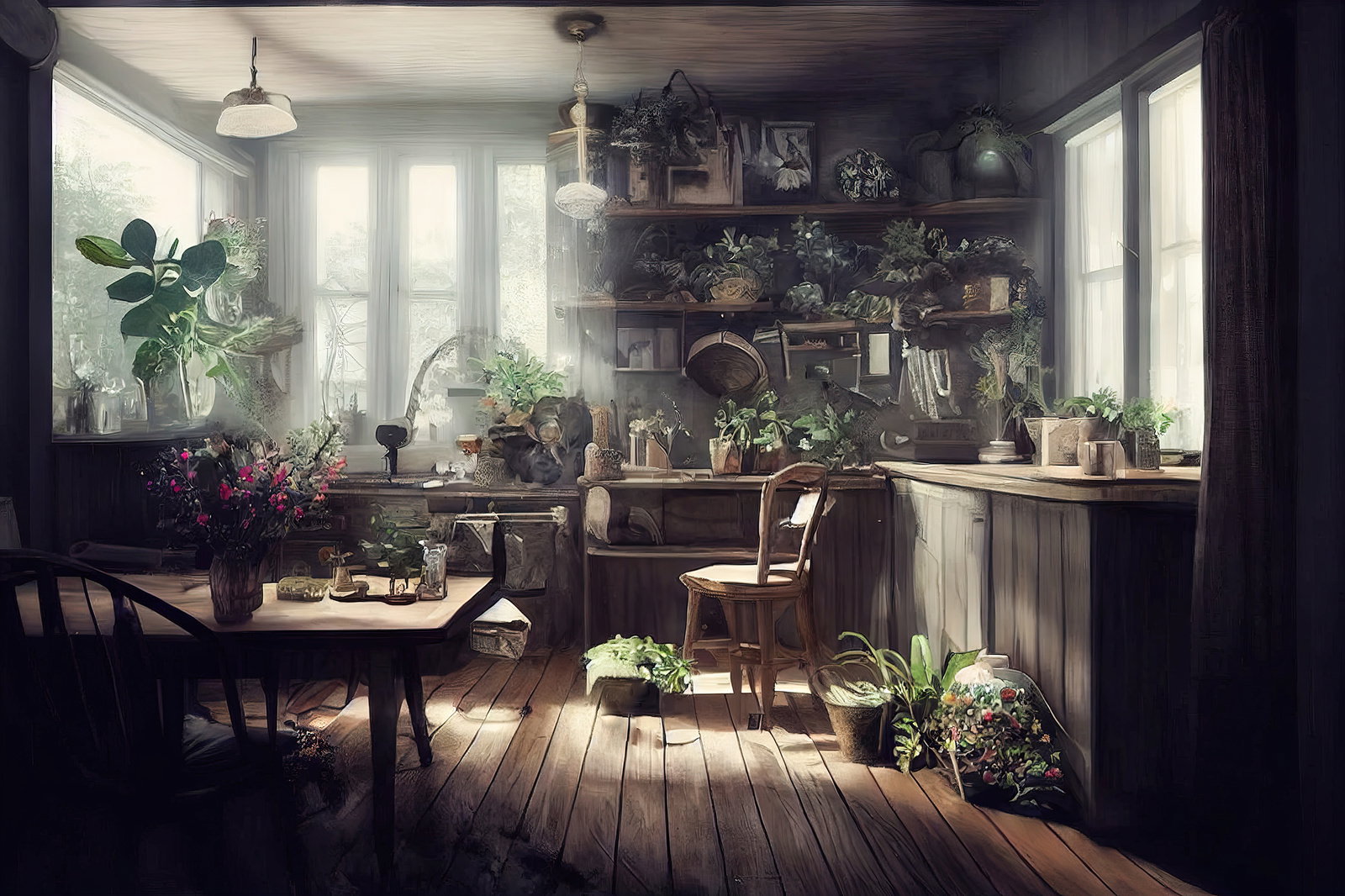 朝日の差し込む部屋のデスク周辺に観葉植物が多く配置されている