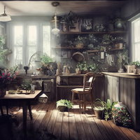 自然光あふれる観葉植物のある部屋のデスクワークスペースの写真