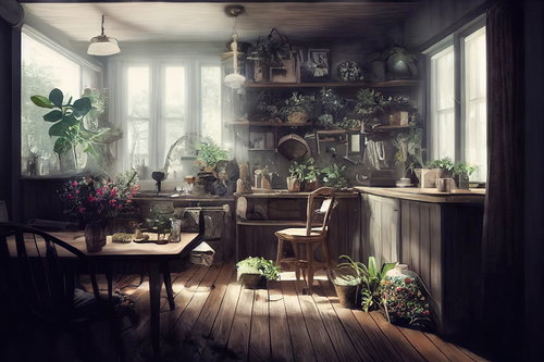 自然光あふれる観葉植物のある部屋のデスクワークスペース