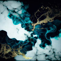 金色の粒が舞う水の中で拡散するインクの流動テクスチャーの写真