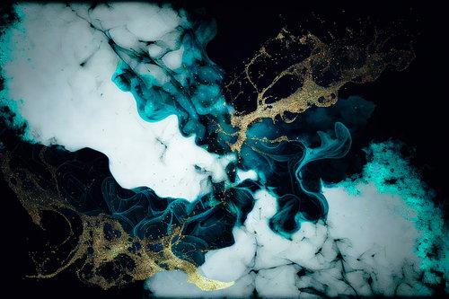 金色の粒が舞う水の中で拡散するインクの流動テクスチャー