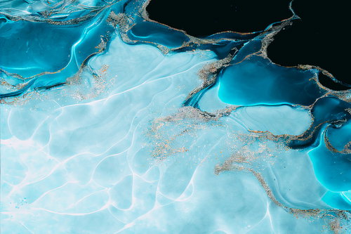 空撮風の水面に広がるマーブル柄の揺らぎと流体表現