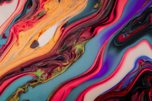 マーブル状の模様が流動する抽象表現、ネオンカラーの液体アート