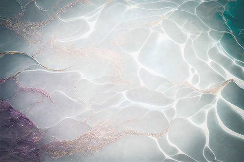 水面に拡散する金の砂のマーブリング、流体アート風の波状紋様