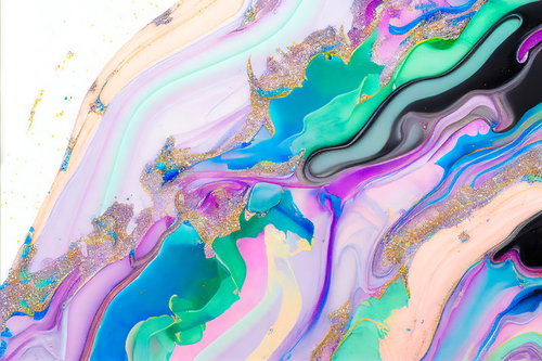 金箔が輝く重なり合う色の流動模様・マーブリング抽象テクスチャー