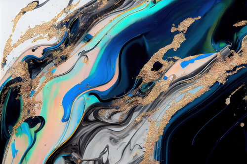 金箔が輝く水性インクのマーブリング模様と流動する抽象テクスチャー