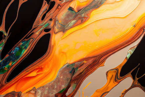 暖色インクの流動マーブル模様 オレンジ黄色と深紅茶色の抽象テクスチャー