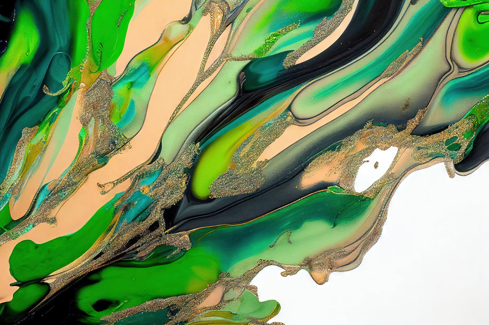 緑と金色のインクが流動する抽象的なマーブリング模様