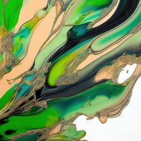 緑と金色が流れ込む抽象的なマーブリング、水性インクのテクスチャー背景の写真