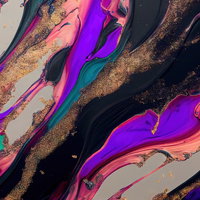 金箔とネオンカラーが交差する染料の流動模様の写真