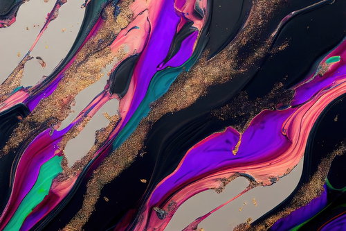 金箔とネオンカラーが交差する染料の流動模様