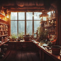 木製の棚に薬草が並ぶハーバルショップの内観の写真