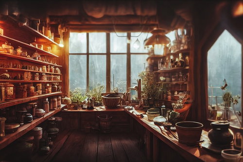 木製の棚に薬草が並ぶハーバルショップの内観