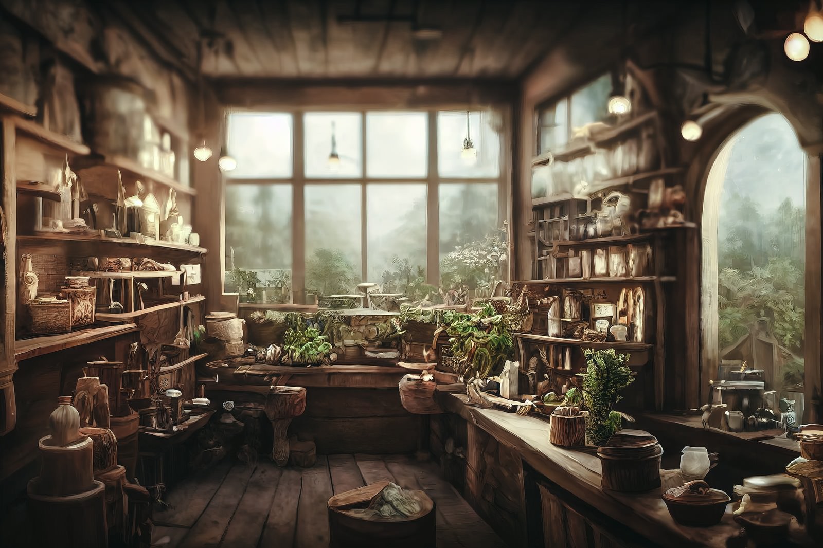 Interior of an herbal shop with bottles of medicinal herbs on wooden shelves