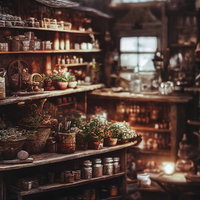 魔法使いのハーバルショップの店内風景と薬草の瓶や道具の写真