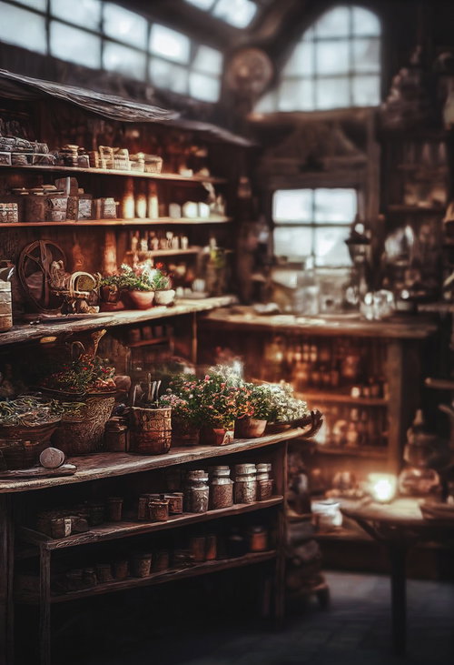 魔法使いのハーバルショップの店内風景と薬草の瓶や道具