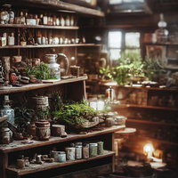 ハーバルショップの木製の棚に置かれた瓶詰めの薬草と道具の写真