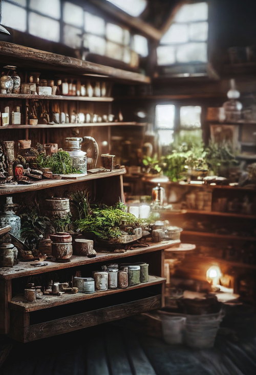 ハーバルショップの木製の棚に置かれた瓶詰めの薬草と道具