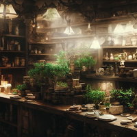 魔法と薬草の作業場に並ぶハーブ類と道具、瓶、ランプの写真