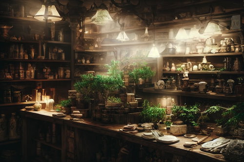 魔法と薬草の作業場に並ぶハーブ類と道具、瓶、ランプ