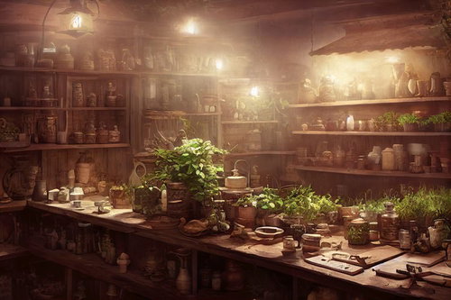 ハーバルショップの調合作業場で並ぶ薬草の瓶と魔法の道具