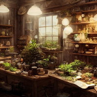 RPGに出てくるハーバルショップの木製棚と薬草が並ぶ内観の写真