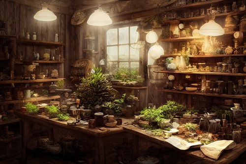RPGに出てくるハーバルショップの木製棚と薬草が並ぶ内観