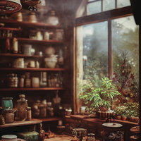 薬草の瓶が並ぶハーバルショップの棚と調合作業台の写真