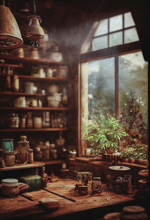 薬草の瓶が並ぶハーバルショップの棚と調合作業台
