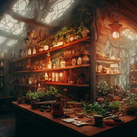 光差し込むハーバルショップ内の調合作業台の写真